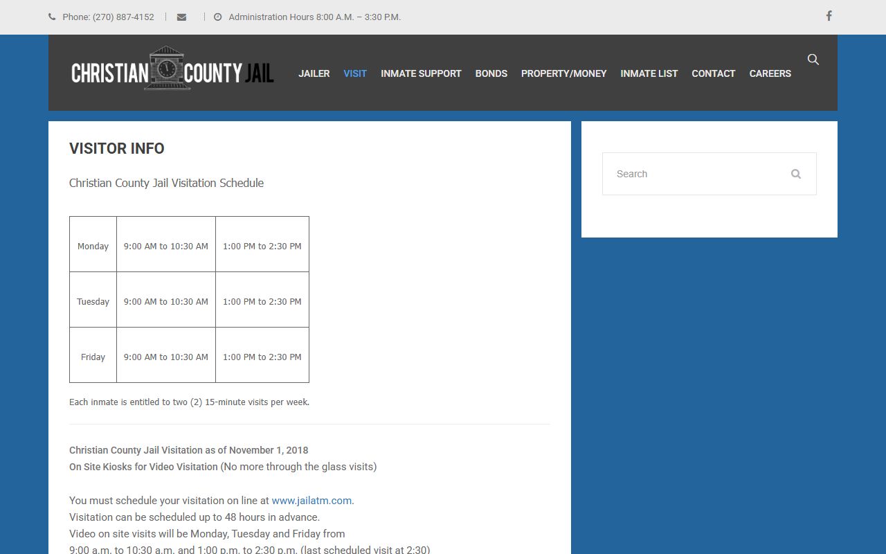 Christian County Jail visitation information page with JailATM and video visitation instructions