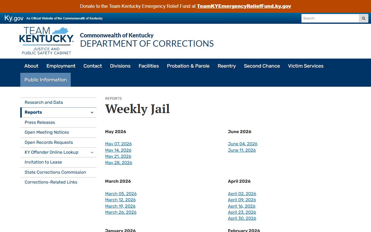 Kentucky Department of Corrections weekly jail report archive
